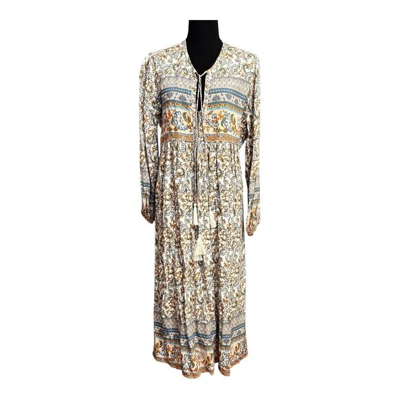 R VIVIMOS  Long Sleeve Boho Midi Dress Floral V Neck Cottage Prairie - Picture 2 of 9